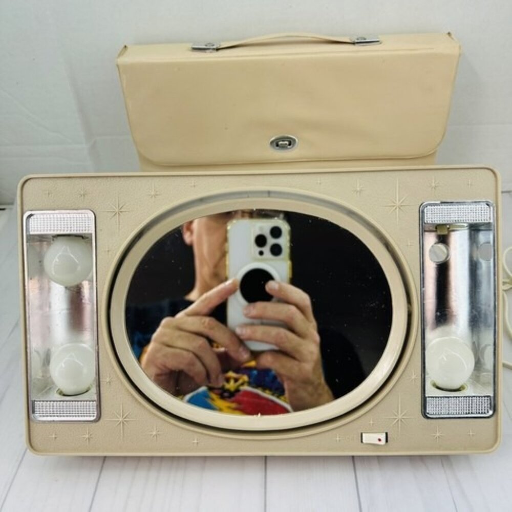Vintage Beige Lighted Makeup Magnifying Mirror Starburst Glam Kitsch